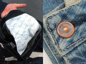 「デニムクローゼット」のジーンズに縫い付けられている、ポケットの裏地やボタン